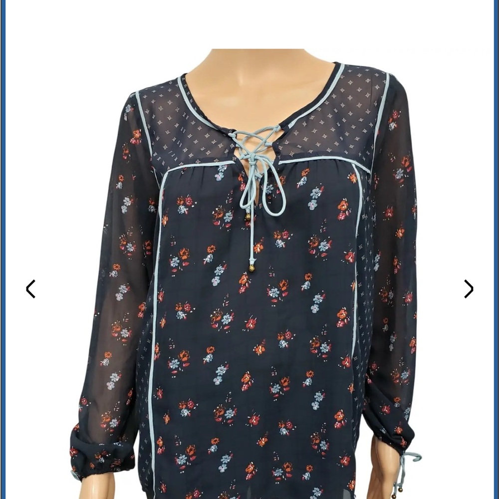 Abercrombie & Fitch Women Navy Blue Floral BOHO Lace Up Peasant Top Small